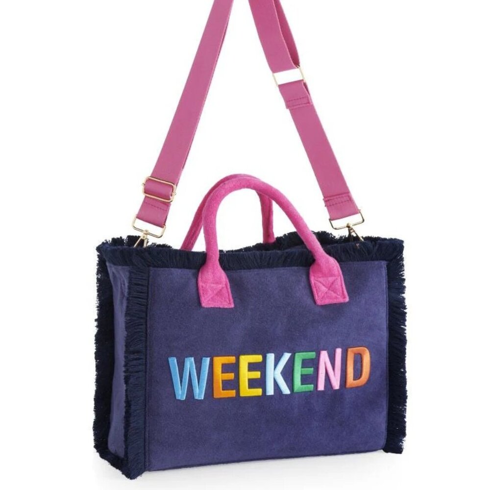 Shiraleah Purple Weekend Tote with Pink Straps and Multicolor Lettering